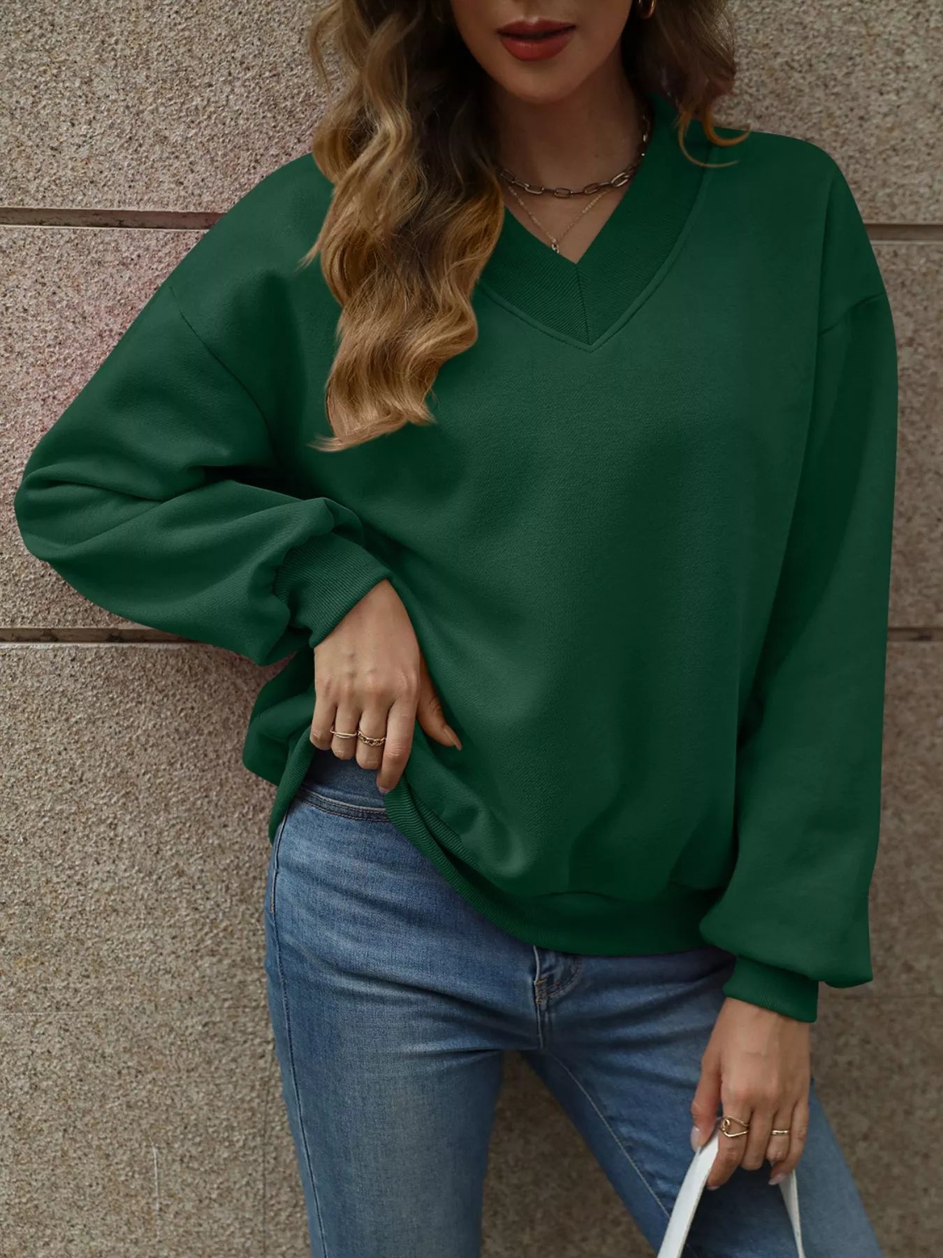 V - Neck Solid Color Casual Sweatshirt - PBNJ FASHIONS