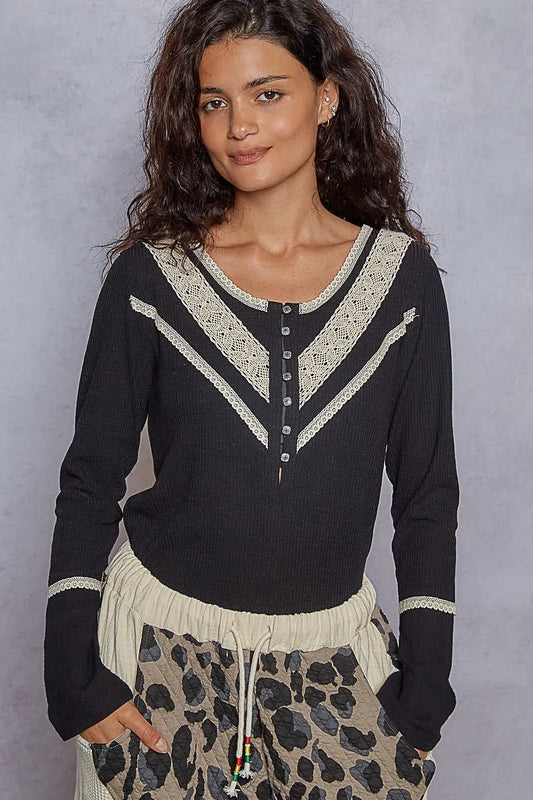 POL Ribbed Half Button Lace Detail Knit Top - PBNJ FASHIONS