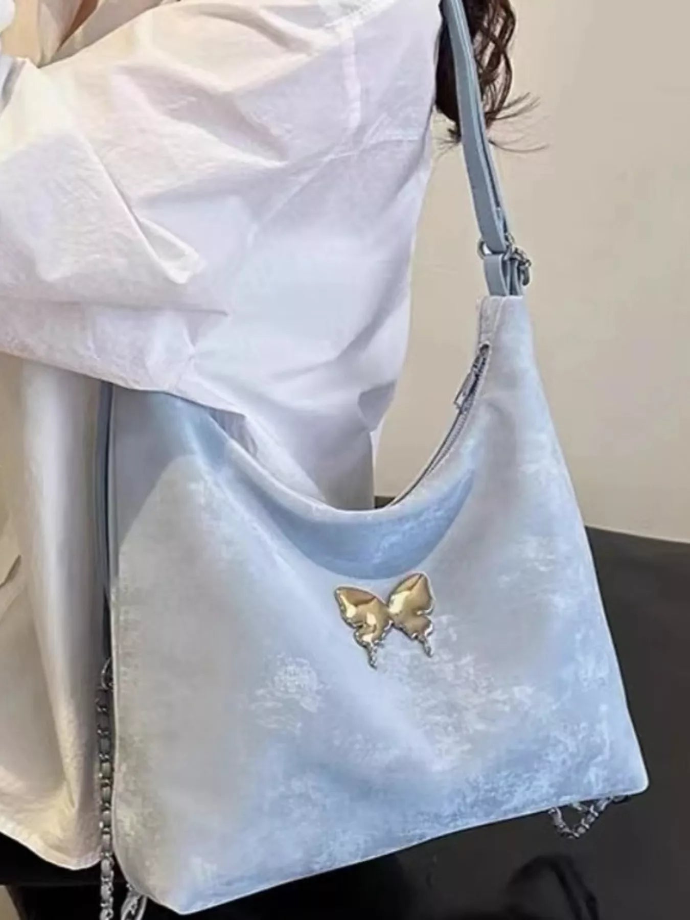 Convertible Shoulder Bag with Butterfly Decor - BlueOne Size