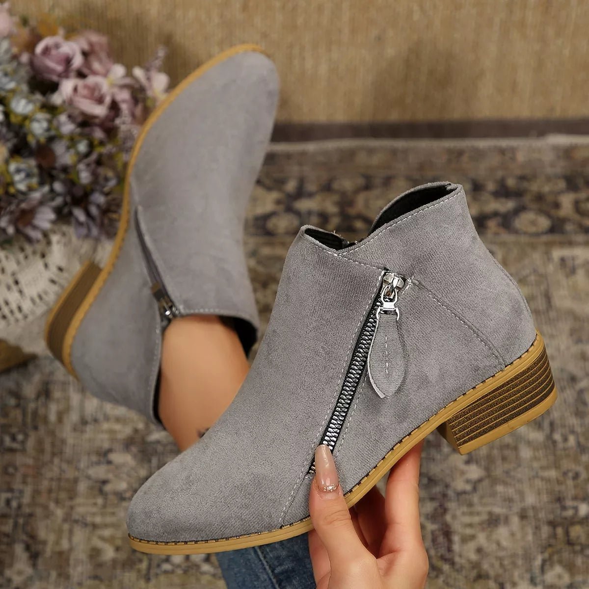 Chic Zip-Up Ankle Boots: Comfortable and Stylish with Block Heels for Effortless Fashion Statements - Gray-36