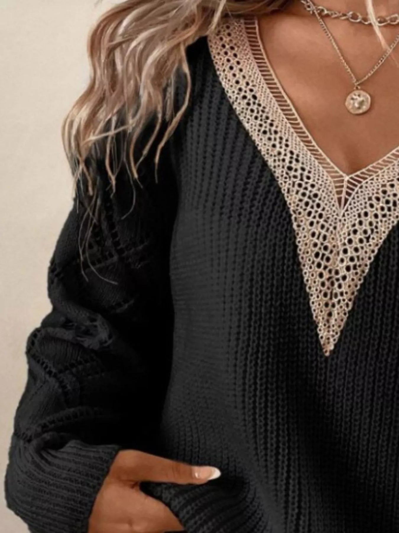 V - Neck Openwork Sweater - PBNJ FASHIONS