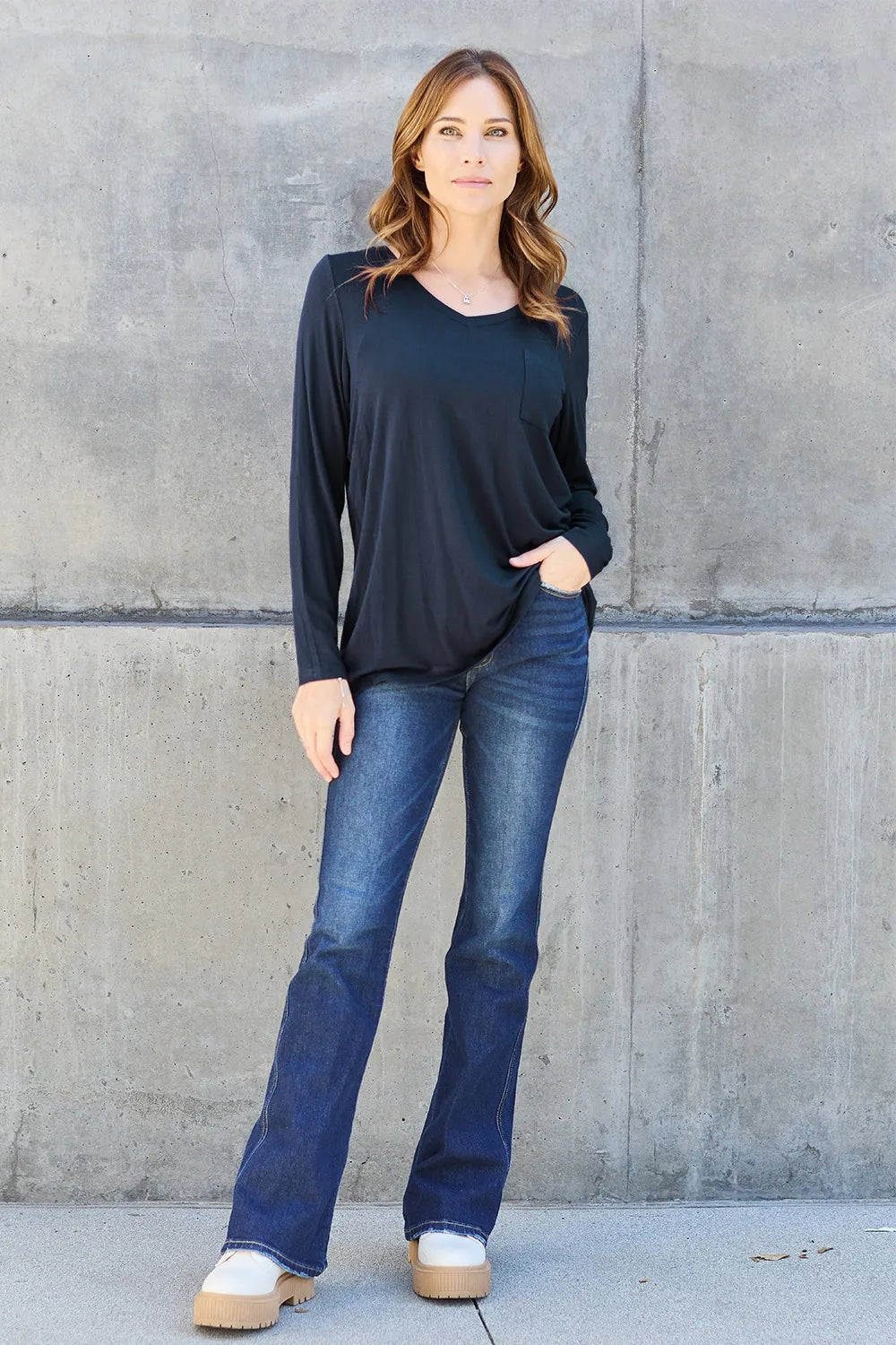 Basic Bae Full Size V - Neck Long Sleeve Top - PBNJ FASHIONS