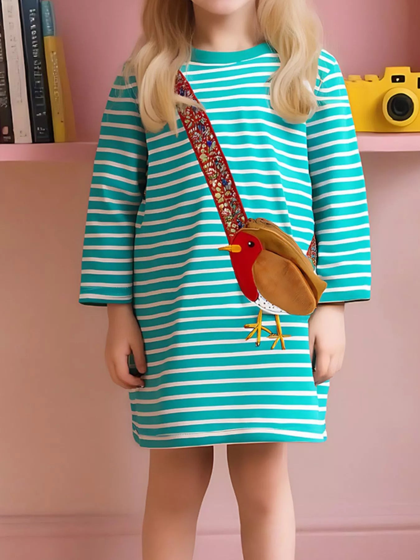 Children's Striped Bird Applique Long Sleeve Dress - PBNJ FASHIONS