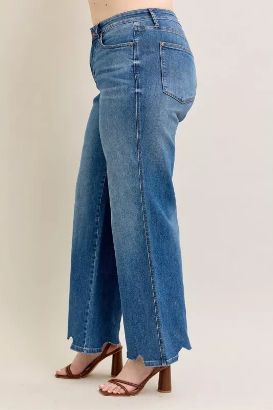 Judy Blue Full Size High Waist Tummy Control Chew Hem Destroy Wide Jeans Plus Size - PBNJ FASHIONS