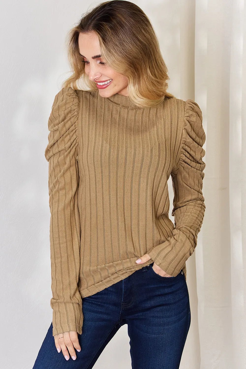 Basic Bae Full Size Ribbed Mock Neck Puff Sleeve T-Shirt - PBNJ FASHIONS