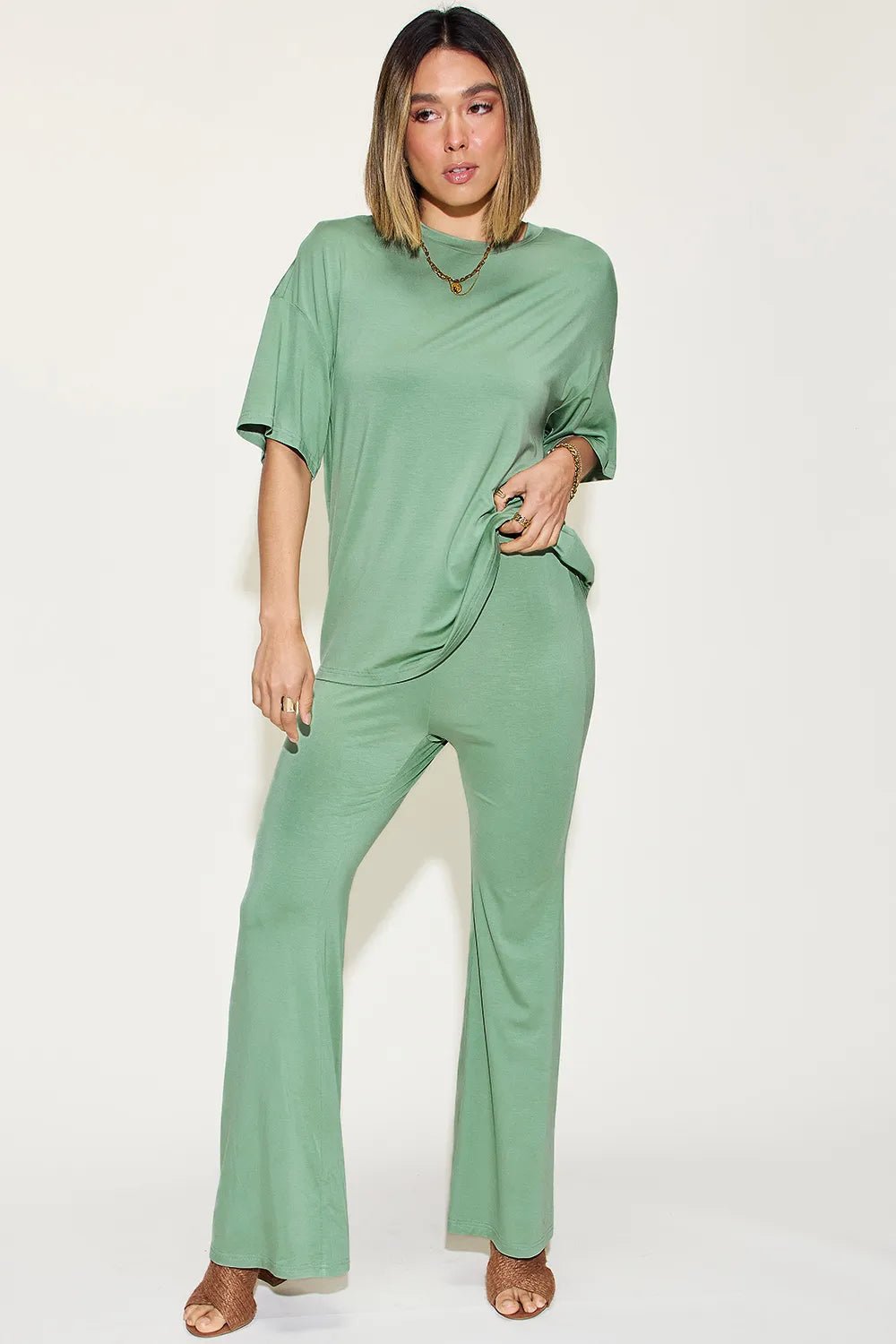 Basic Bae Full Size Bamboo Drop Shoulder T-Shirt and Flare Pants Set - PBNJ FASHIONS