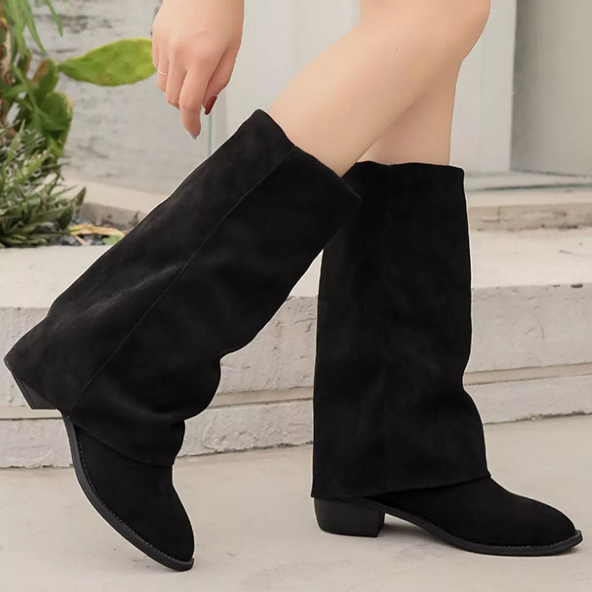 Point Toe Block Heels Boots - Mid Heel Suede Booties with Rubber Sole - PBNJ FASHIONS