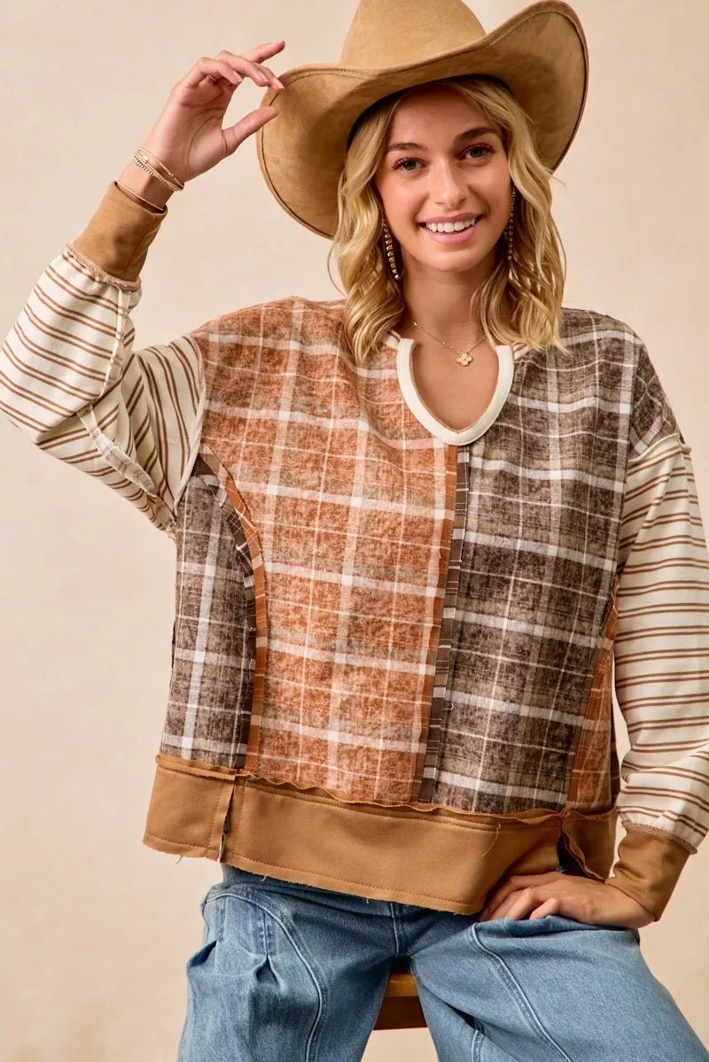 BiBi Plaid And Stripe Mix And Match Top With Open Seam - PBNJ FASHIONS