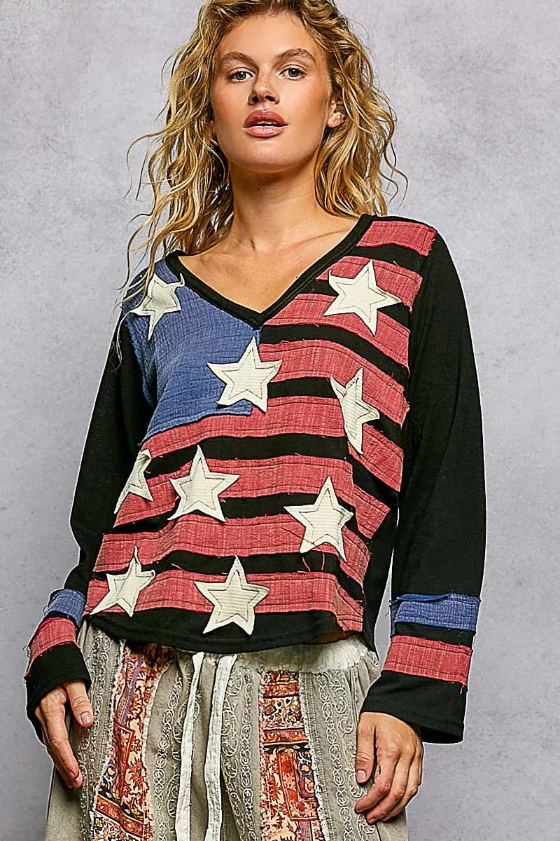 POL Double Gauze American Flag Patch V - Neck Long Sleeve T-Shirt - PBNJ FASHIONS