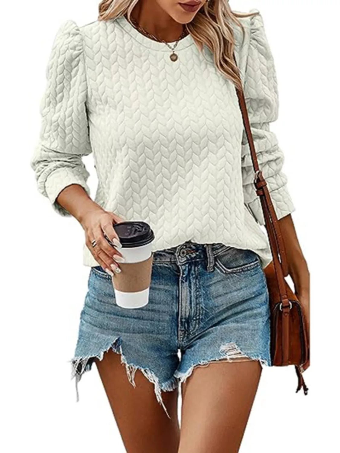 Textured Round Neck Long Sleeve Blouse - PBNJ FASHIONS