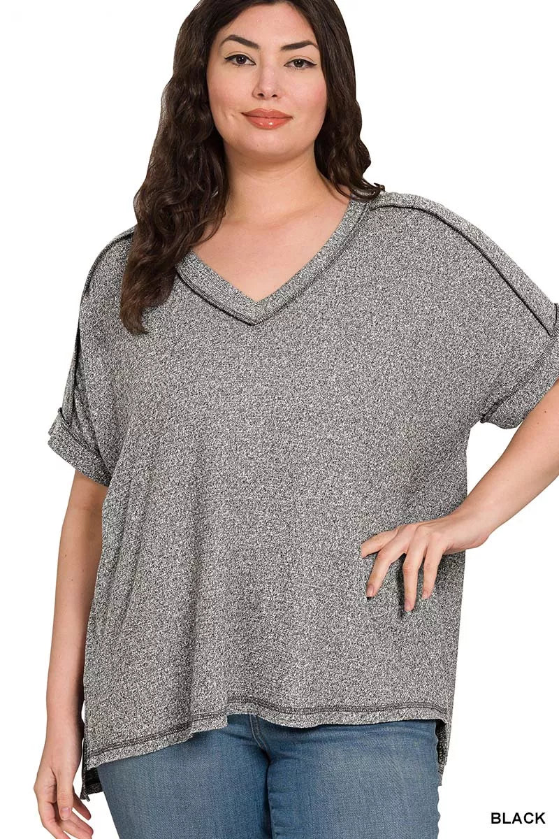 Zenana Full Size Soft Melange Hacci V - Neck Short Sleeve Hi - low Tee Plus Size - PBNJ FASHIONS