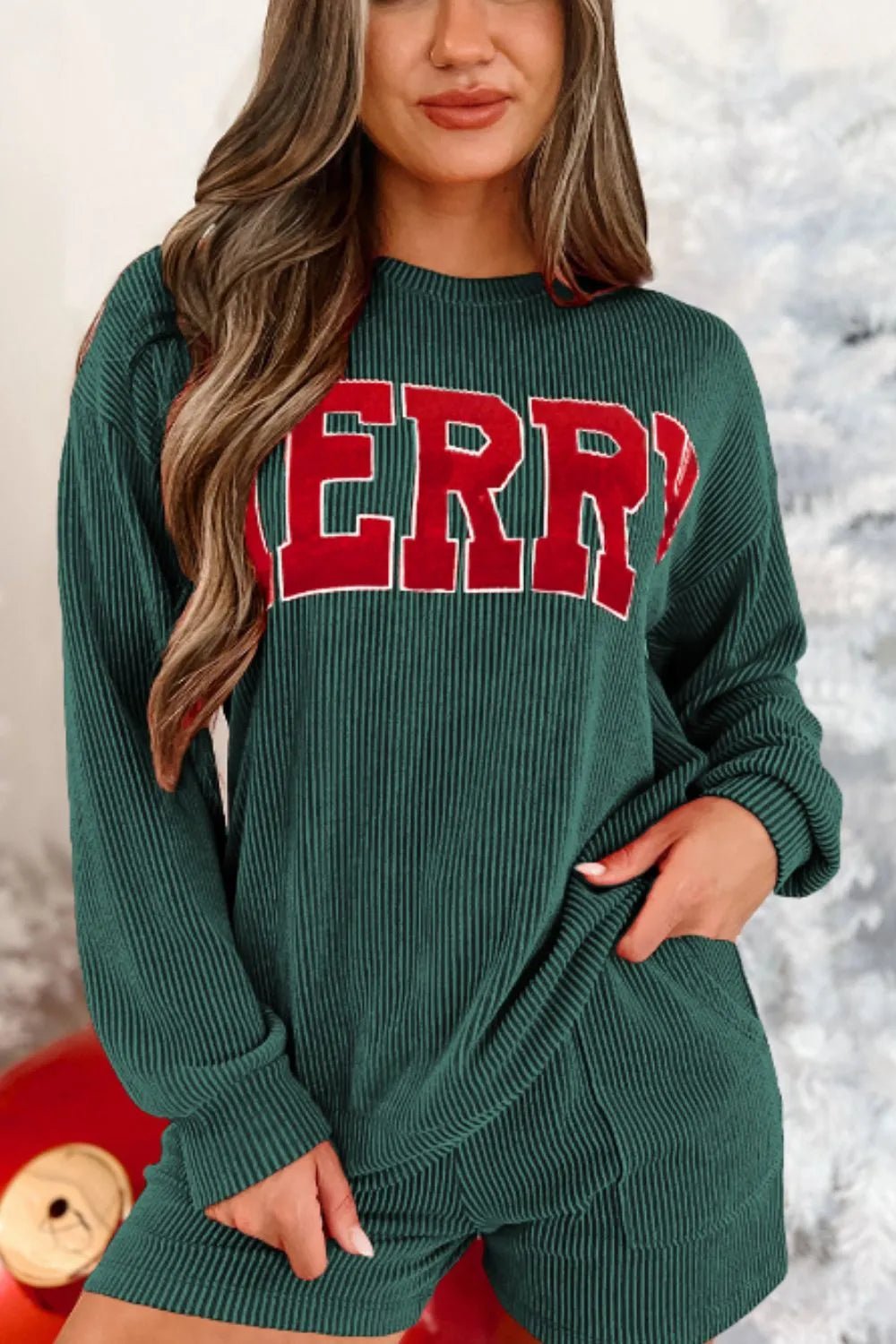 MERRY Round Neck Long Sleeve Top and Shorts Lounge Set - PBNJ FASHIONS