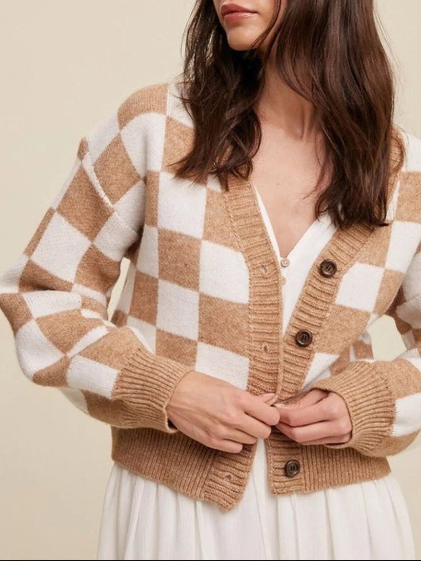 Checkerboard Pattern Button - Down Cardigan - PBNJ FASHIONS