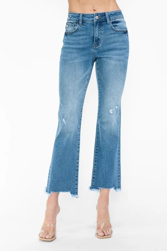 bytos Raw Hem Distressed Mid Rise Crop Jeans - PBNJ FASHIONS