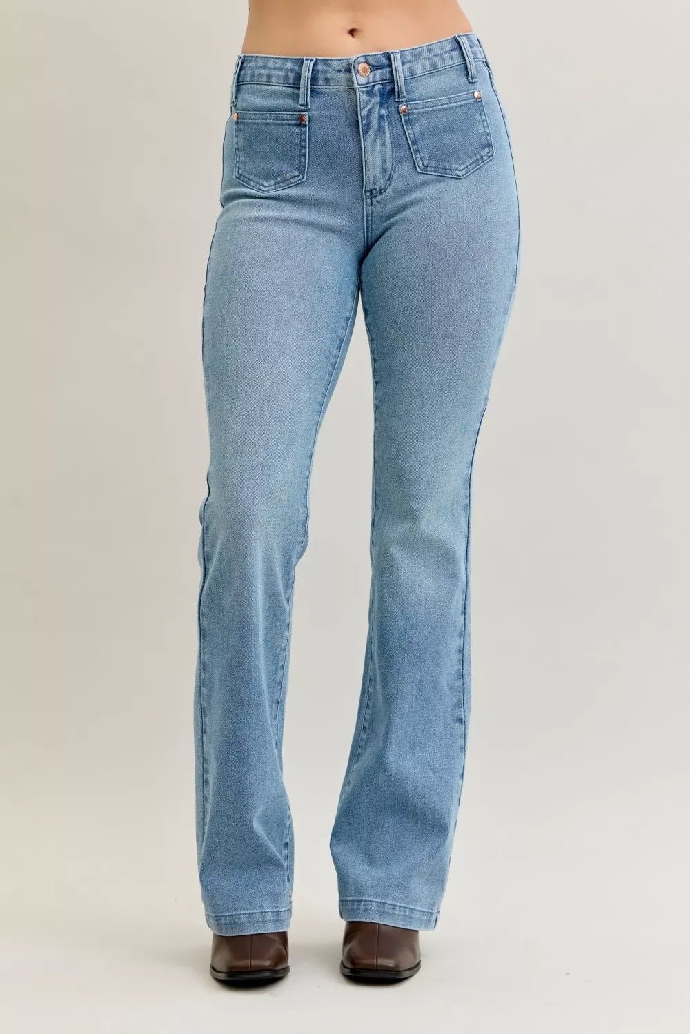 Judy Blue Full Size Mid Rise Bootcut Jeans with Contrast Wash & Front Patch Pockets Plus Size - PBNJ FASHIONS