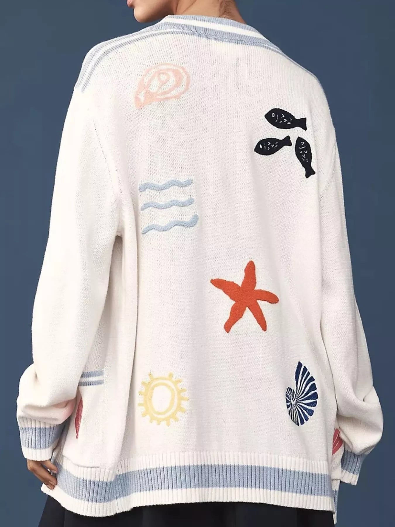 Seashell Open Front Cardigan with Embroidery - Gray/white-S- - PBNJ FASHIONS