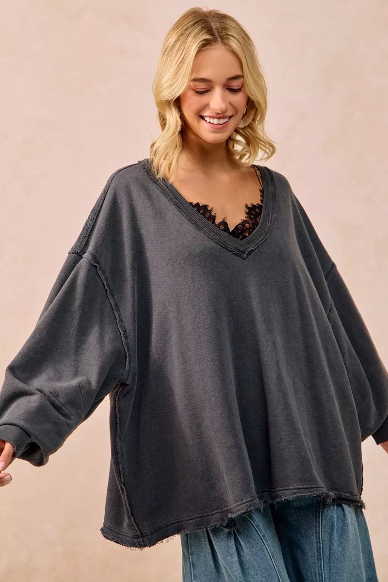 BiBi Mineral Washed French Terry Oversized Sweatshirt - PBNJ FASHIONS
