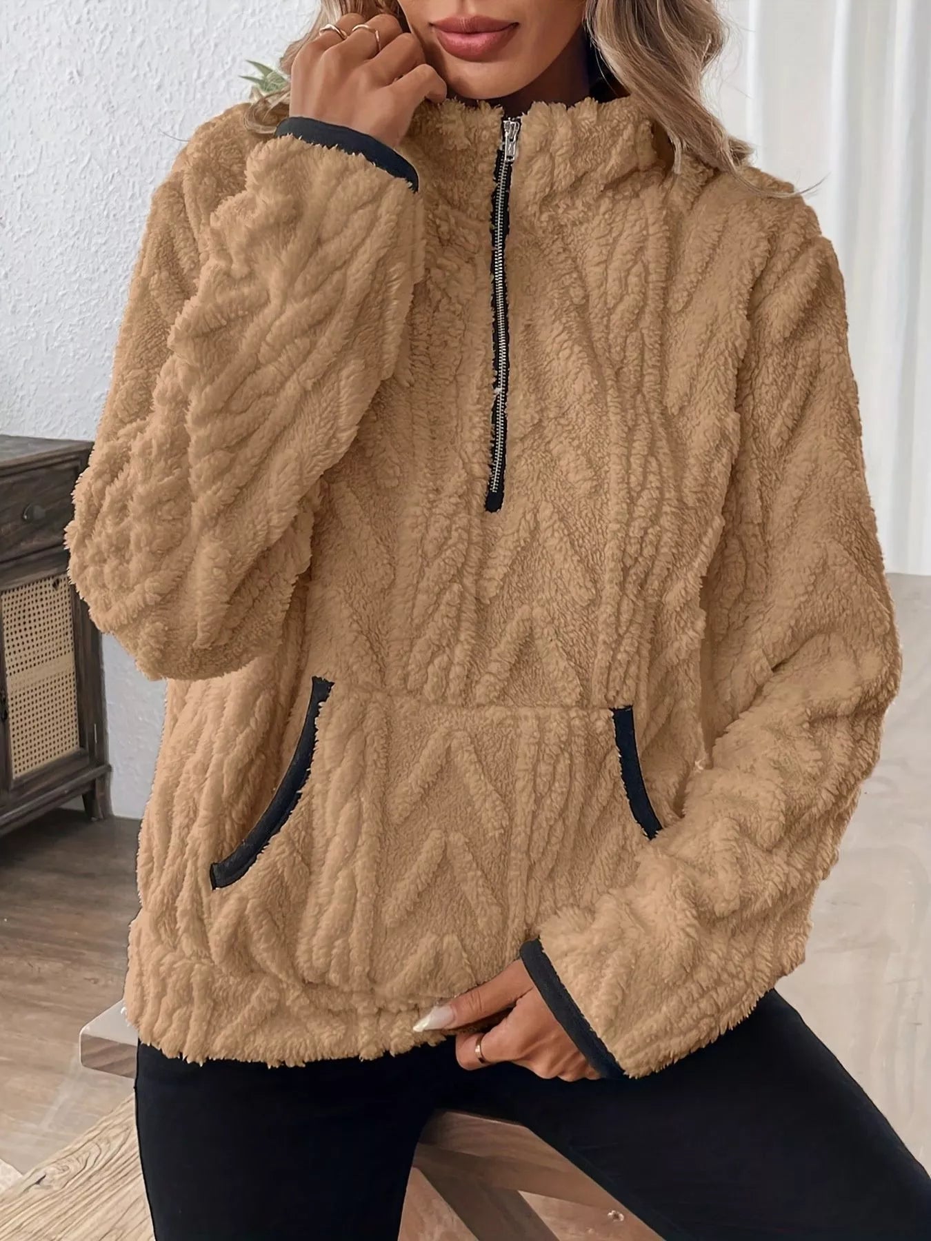 Full Size Half Zip Kangaroo Pocket Sweatshirt Plus Size - PBNJ FASHIONS