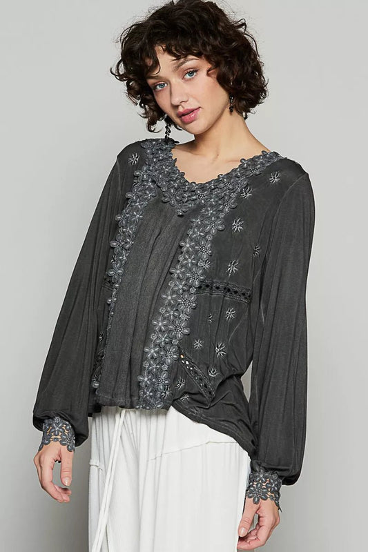 POL Floral Embroidery Woven Top with Lace Trim - PBNJ FASHIONS