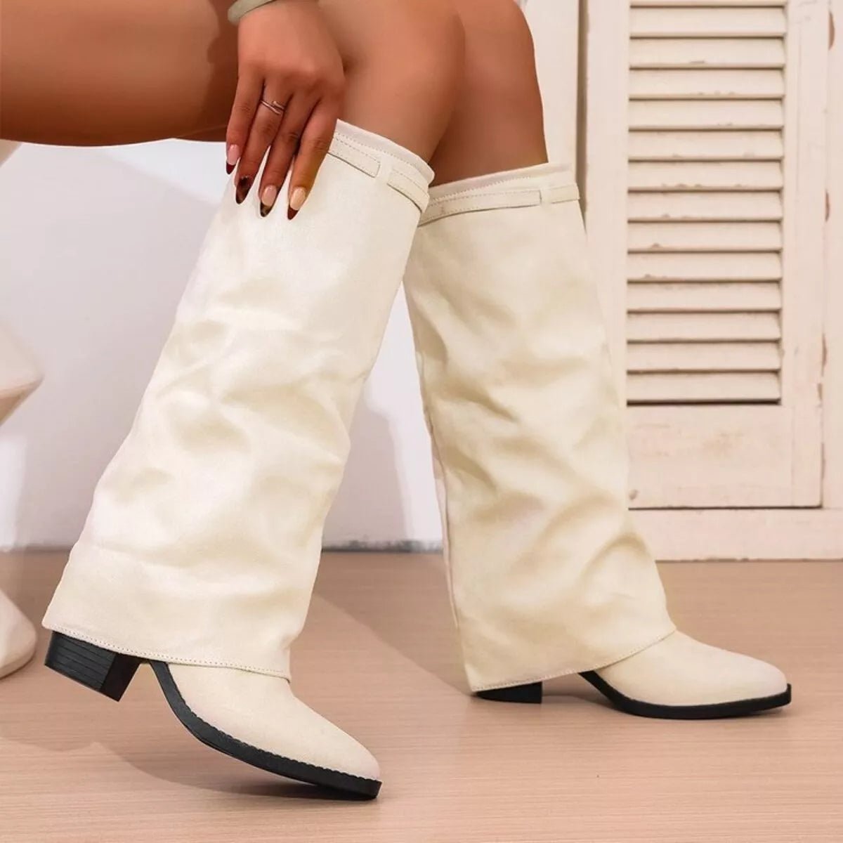 Point Toe Suede Block Heel Boots - Mid Heels, Rubber Sole - Size Conversion Included - PBNJ FASHIONSBeige