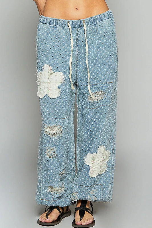 POL Floral Patch Washed Textured Twill Pants with Crochet See Thru Patch - PBNJ FASHIONS