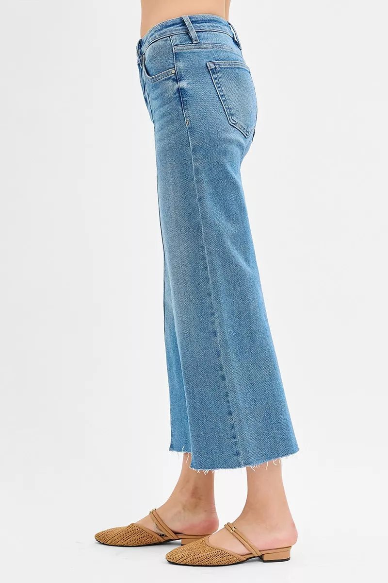 RISEN Tummy Control Mid Rise Crop Wide Front Slit Jeans - PBNJ FASHIONS