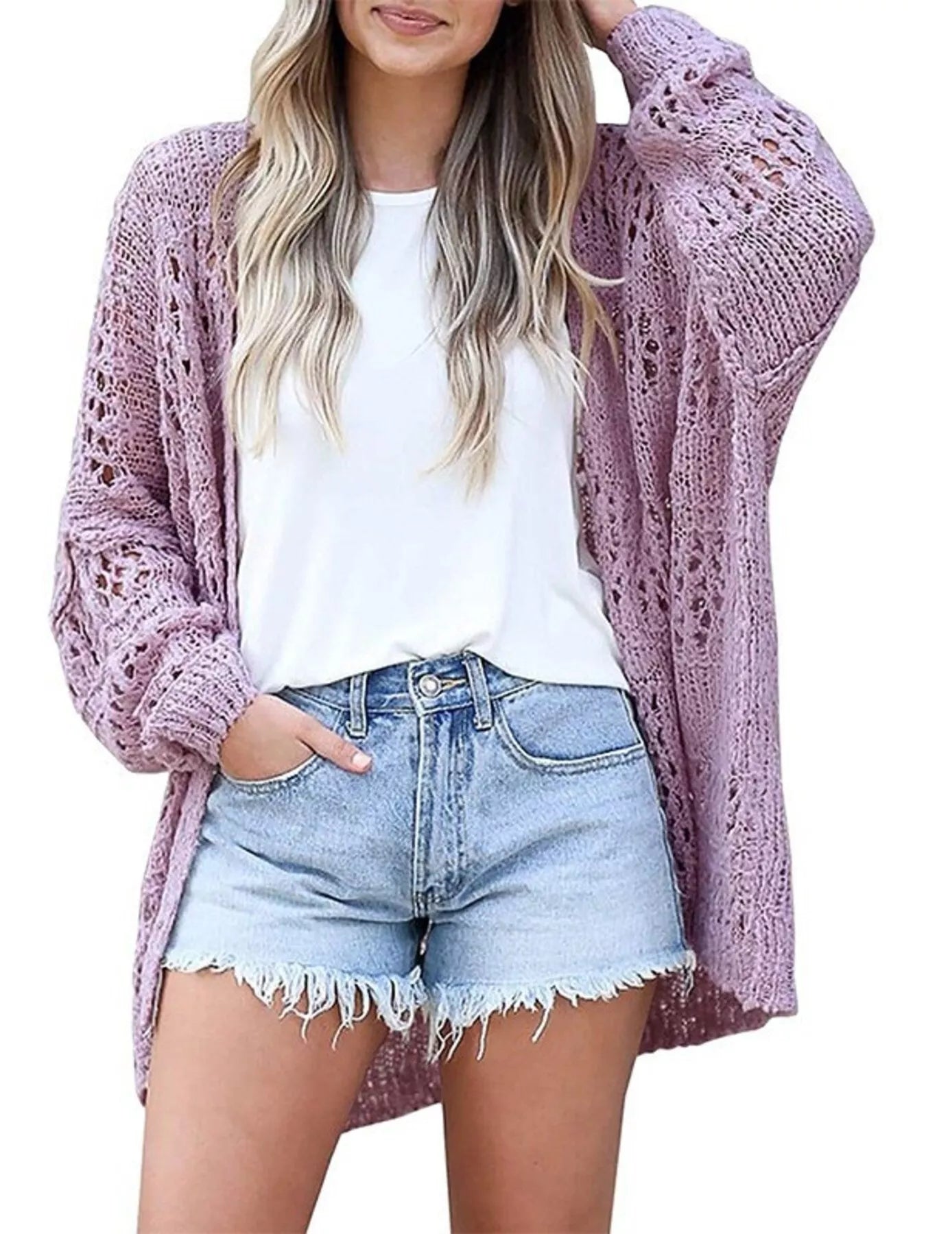 Full Size Openwork Open Front Lightweight Cardigan Plus Size - PBNJ FASHIONS