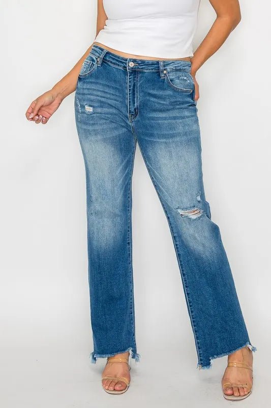 bytos Full Size Raw Hem Distressed Mid Rise Straight Jeans - PBNJ FASHIONS