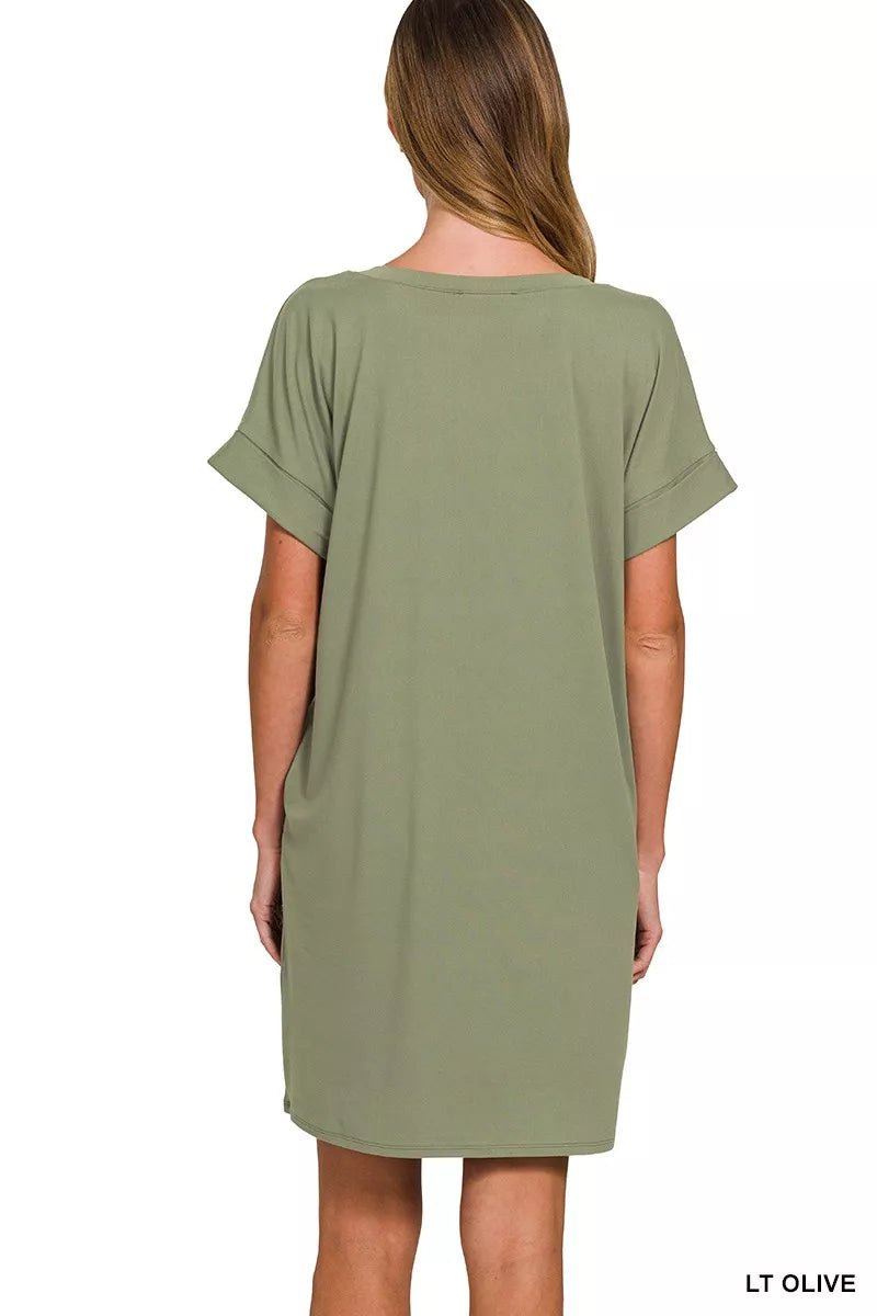 Zenana Brushed Dty Rolled Short Sleeve V - Neck Dress - PBNJ FASHIONS