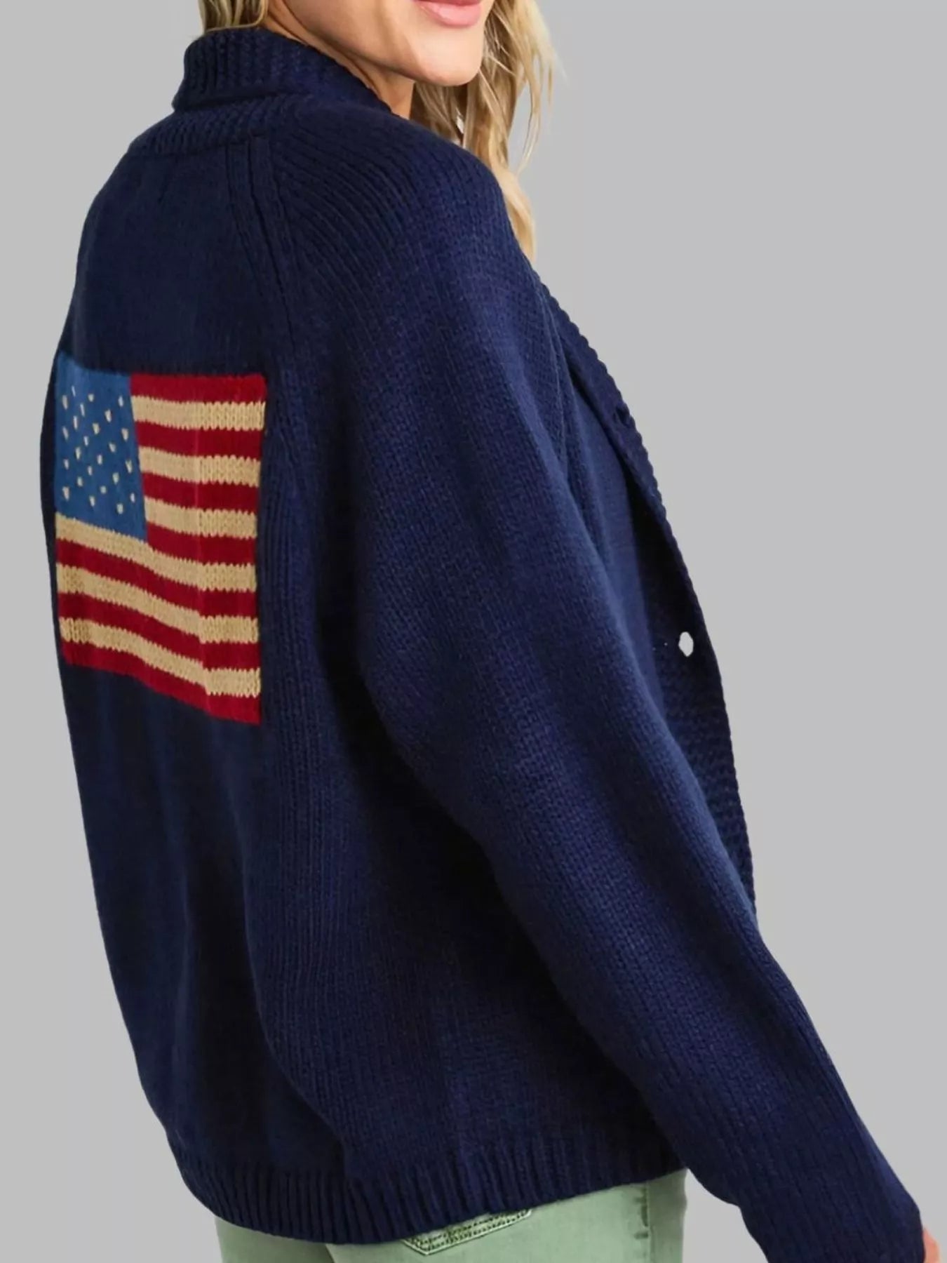 USA Flag Chunky Knit Button - Down Cardigan - PBNJ FASHIONS