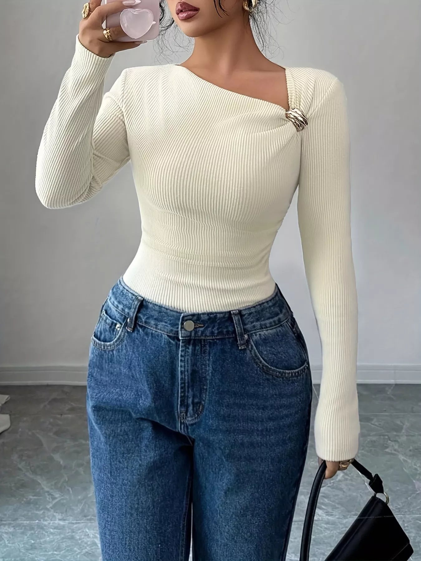 Ribbed Knit Asymmetrical Long Sleeve T-Shirt - PBNJ FASHIONS