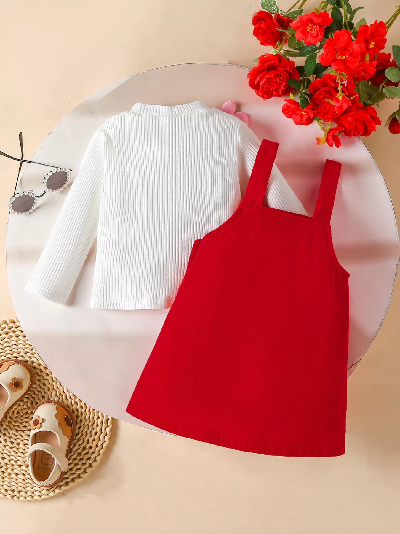 Children's Heart Decor Corduroy Overall Dress & Ribbed Top Set - PBNJ FASHIONS