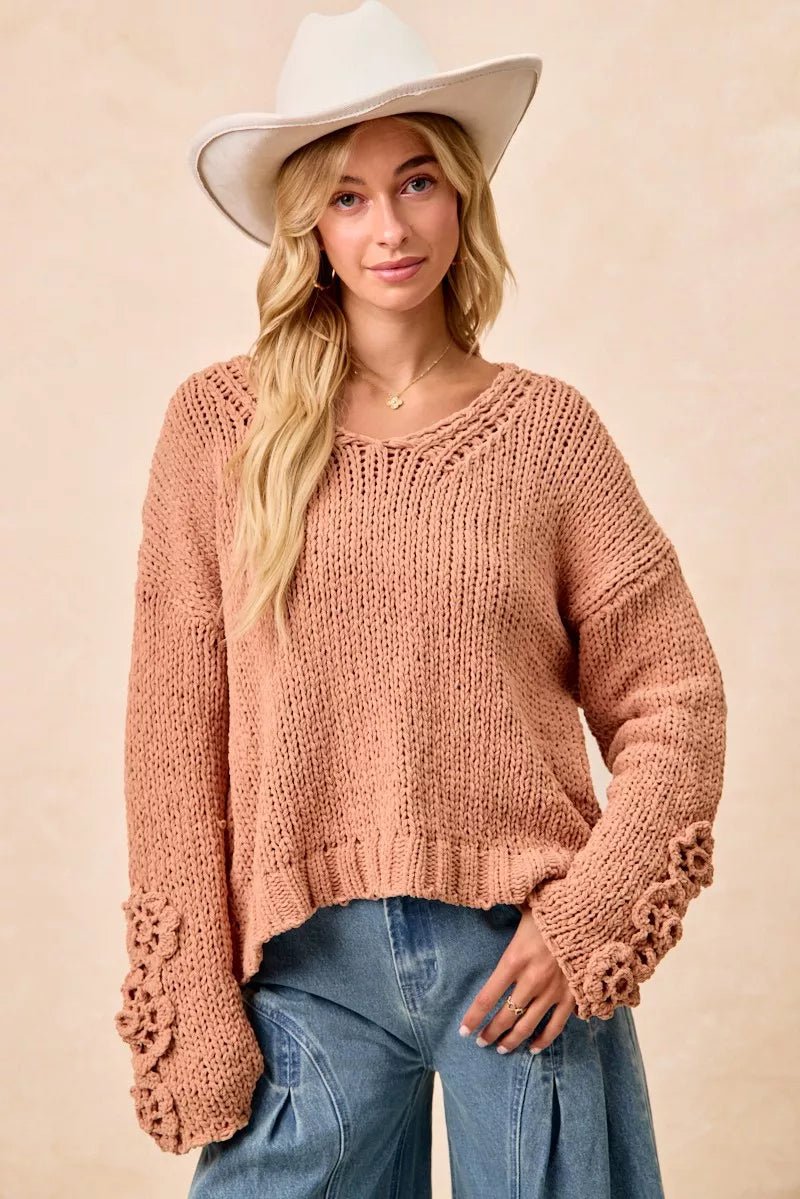 BiBi Chunky Knit Sweater with Flower Detail Sleeves - PBNJ FASHIONS