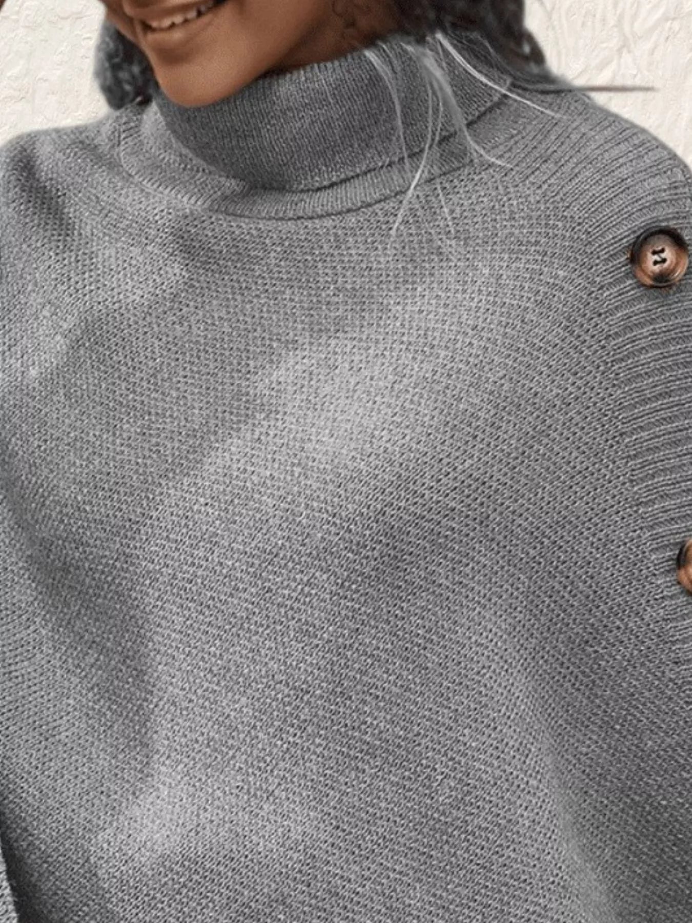 Button - Decor Turtleneck Poncho Pullover - PBNJ FASHIONS