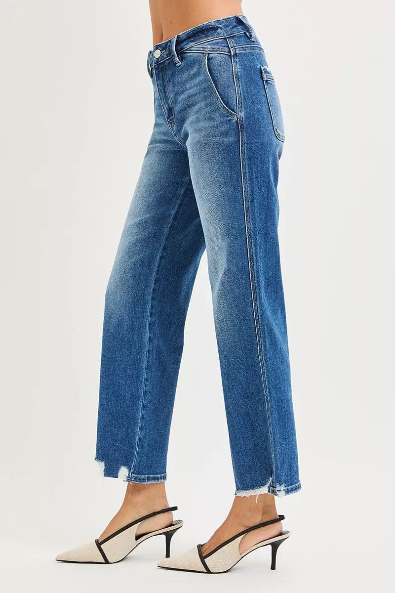 RISEN High Rise Ankle Straight Distressed Hem Detail Jeans - PBNJ FASHIONS