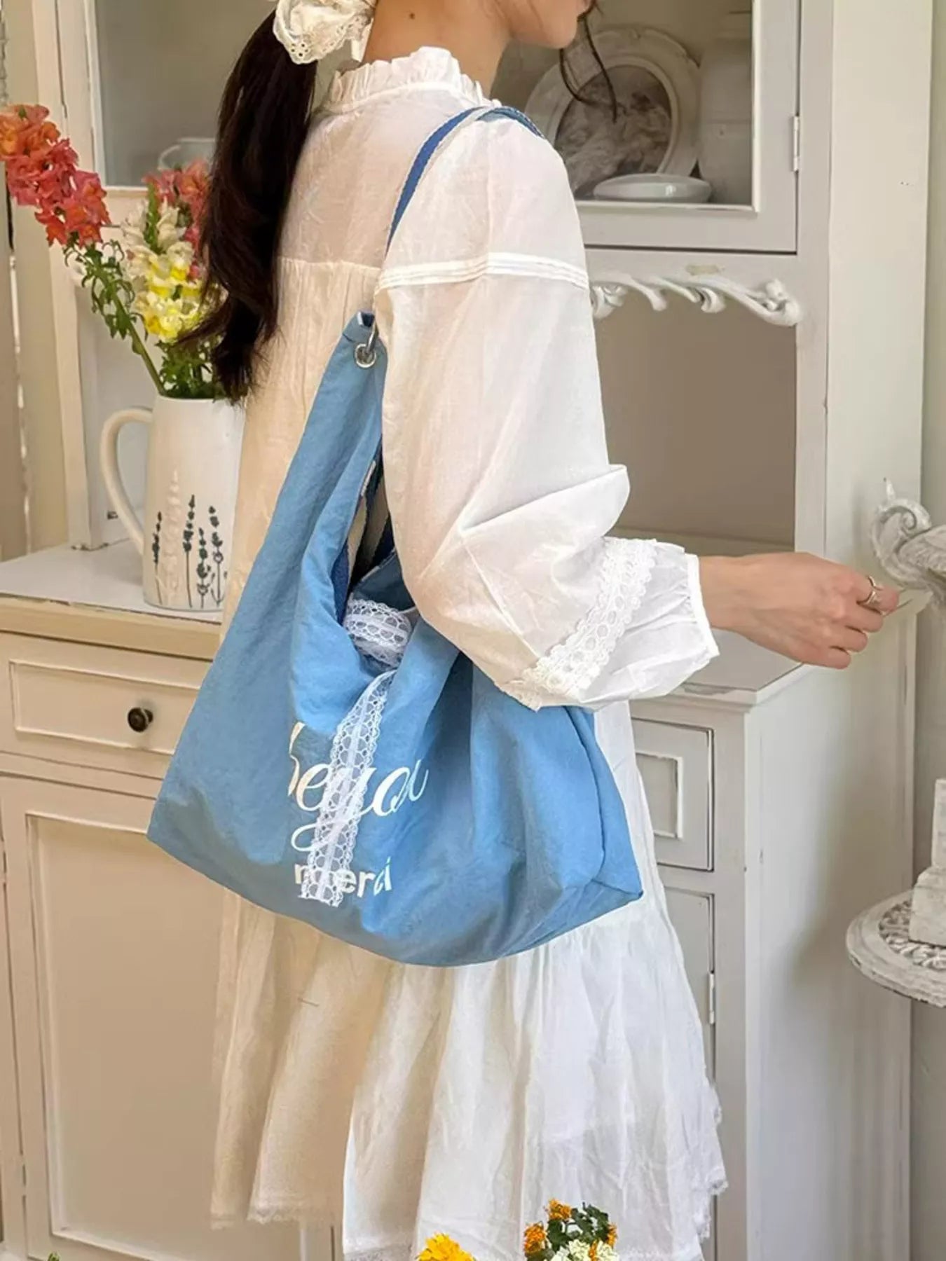 Canvas Tote Bag - Chic Striped Design - Sky BlueOne SizeFashionable Purses