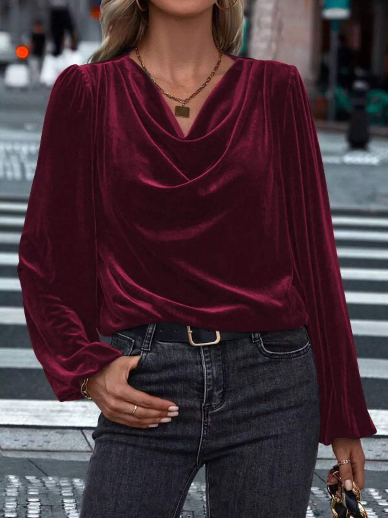 Full Size Velvet Cowl Neck Blouse Plus Size - PBNJ FASHIONS