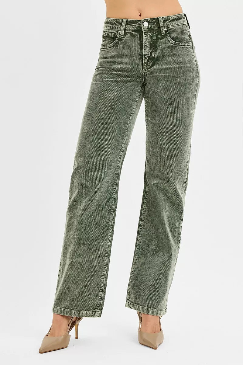 RISEN Tummy Control Mid Rise Straight Leg Corduroy Pants - PBNJ FASHIONS