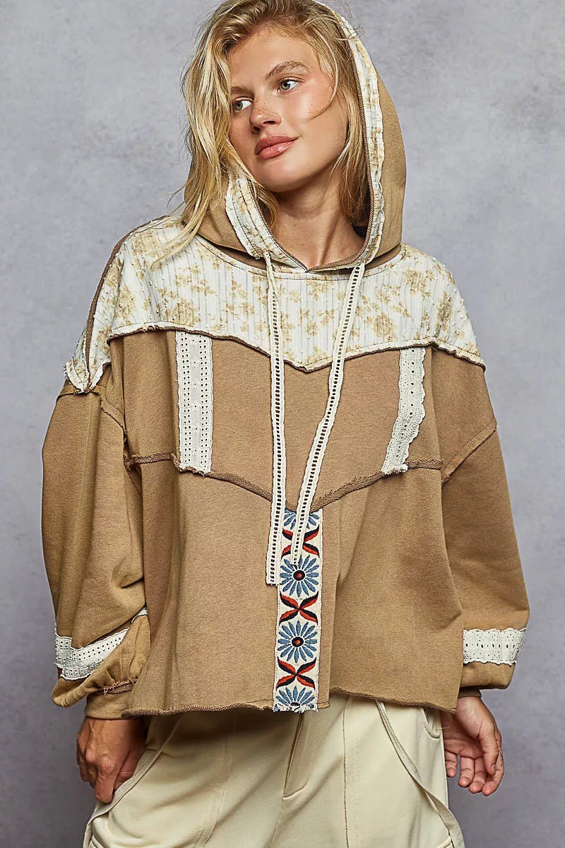 POL Drawstring French Terry Hoodie with Gauze Print Patch - PBNJ FASHIONS