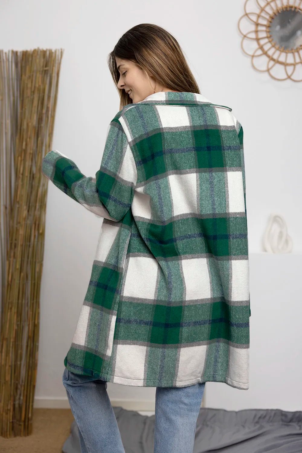 Double Take Full Size Plaid Button Up Lapel Collar Coat - PBNJ FASHIONS
