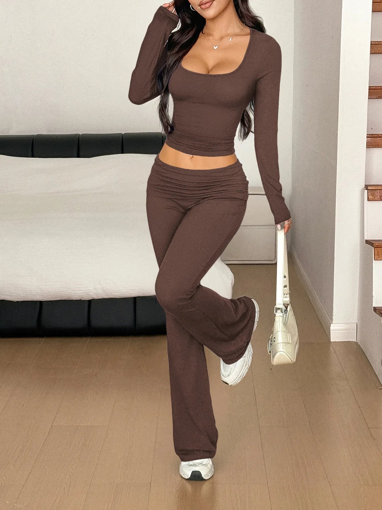 Long Sleeve Crop Top and Bootcut Pants Set - PBNJ FASHIONS