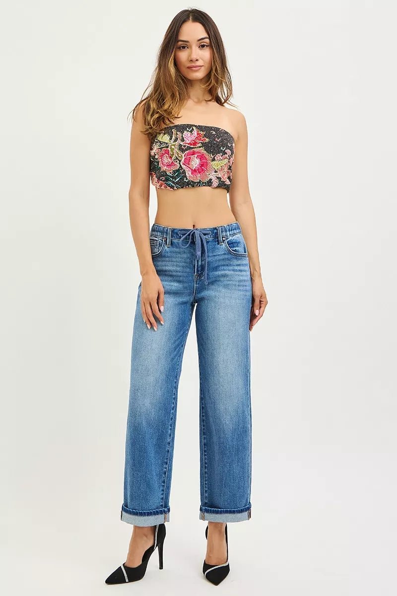 RISEN Elastic Band Slouch Ankle Boyfriend Cuffed Hem Jeans - PBNJ FASHIONS