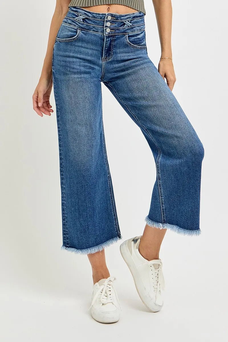 RISEN High Rise Crop Wide Leg Jeans with Wide Band Detail - PBNJ FASHIONS