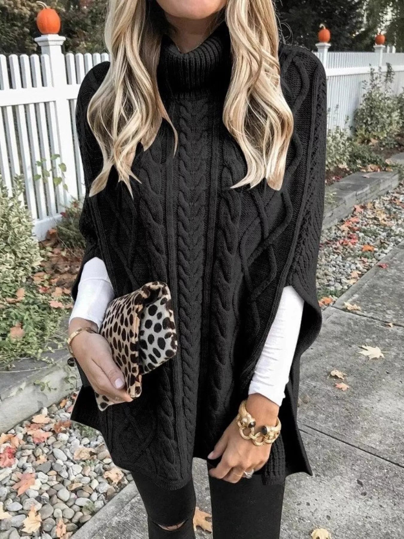 Chunky Cable Knit Turtleneck Poncho Cover Up - PBNJ FASHIONS