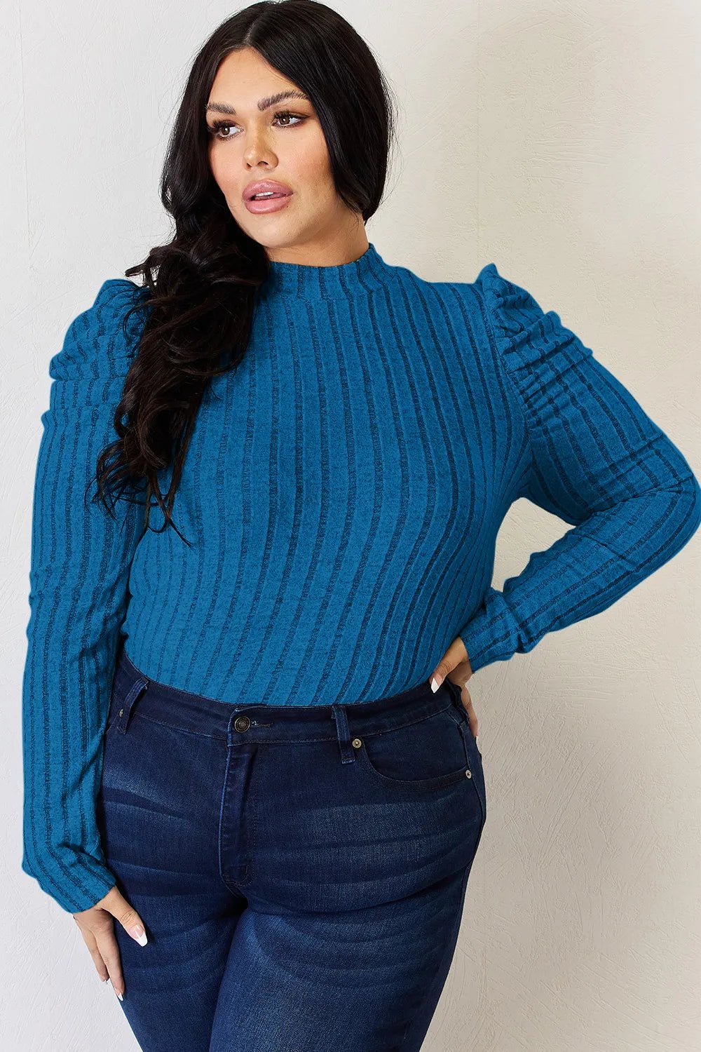 Basic Bae Full Size Ribbed Mock Neck Puff Sleeve T-Shirt - PBNJ FASHIONS