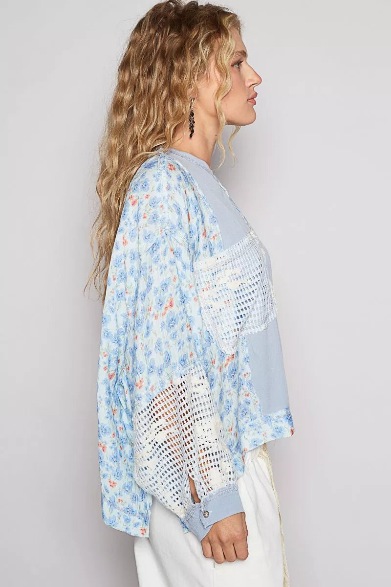 POL Round Neck Cropped Gauze Floral Pattern Top with Overlock Stitch Detail - PBNJ FASHIONS