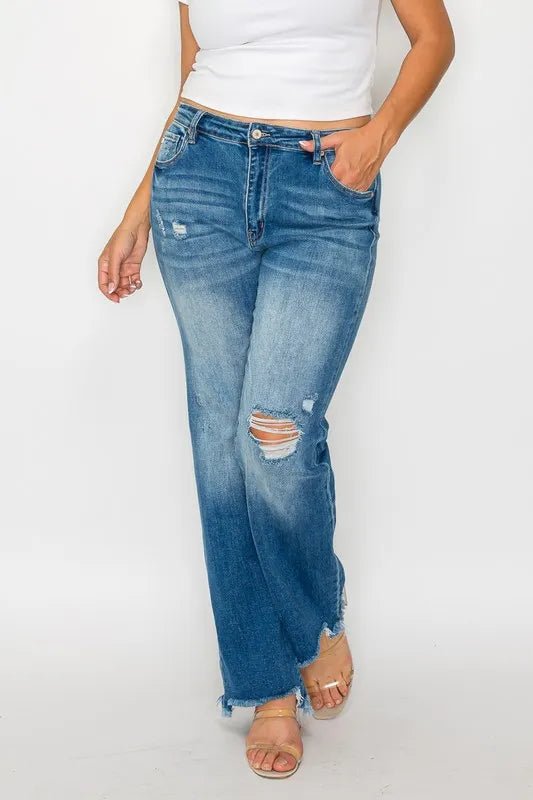 bytos Full Size Raw Hem Distressed Mid Rise Straight Jeans - PBNJ FASHIONS