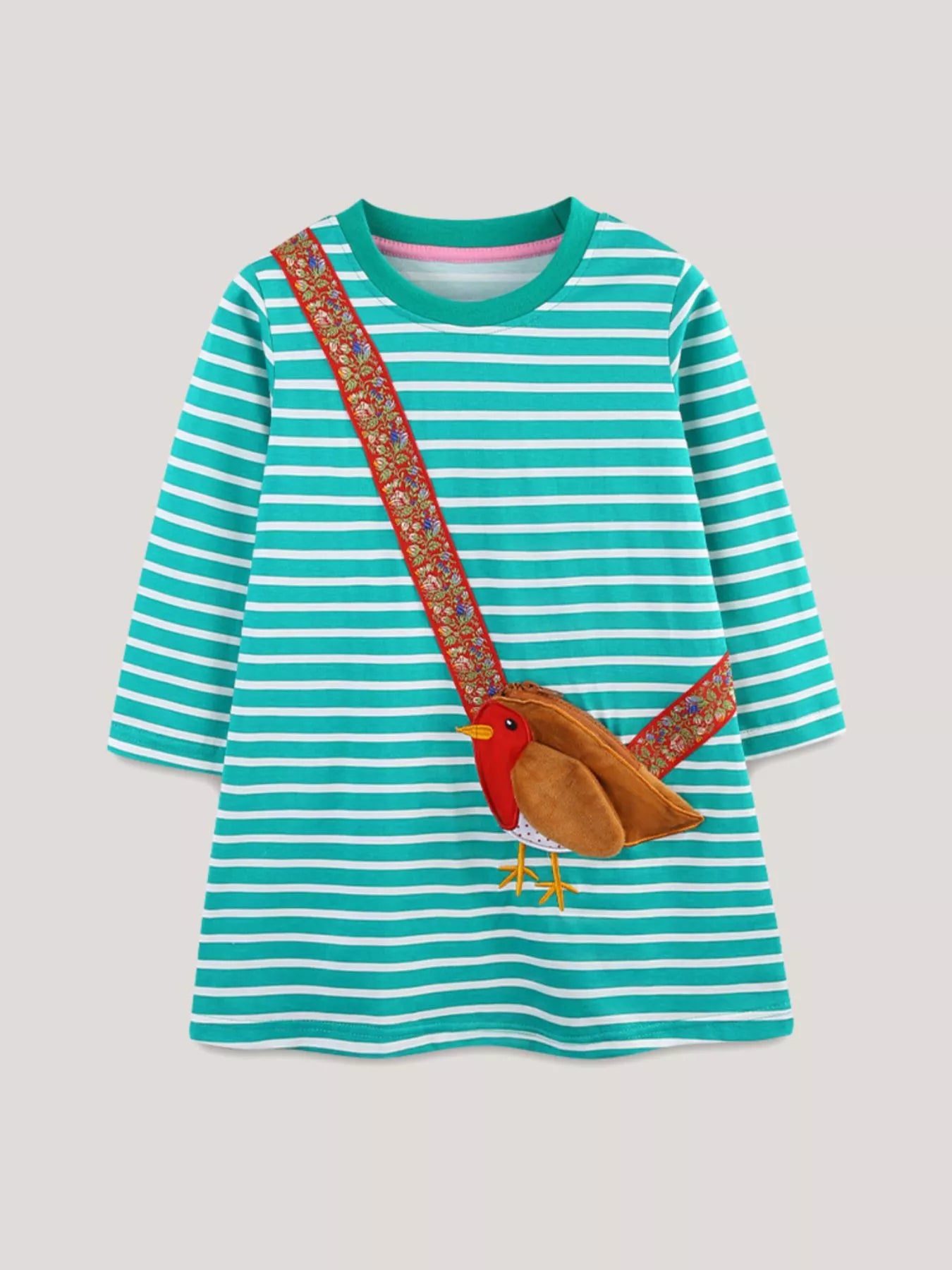 Children's Striped Bird Applique Long Sleeve Dress - PBNJ FASHIONS