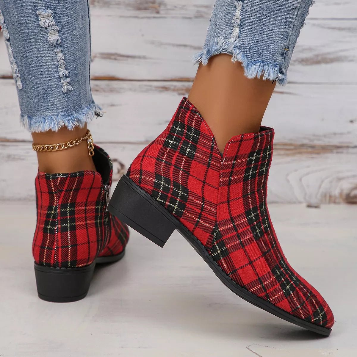 Plaid Point Toe Ankle Boots - PBNJ FASHIONS