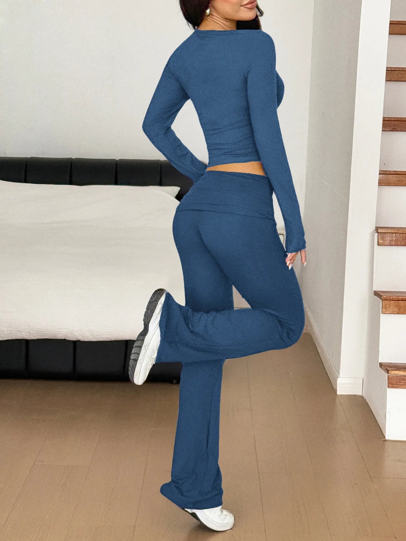 Long Sleeve Crop Top and Bootcut Pants Set - PBNJ FASHIONS
